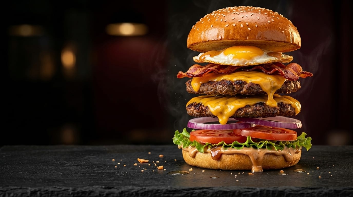 O mesmo hambúrguer desmontado em camadas: pão, ovo, bacon, queijo, carne, queijo, carne, cebola, tomate, alface, molho e pão