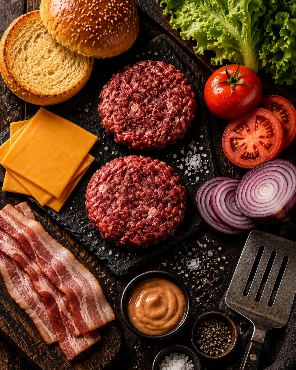 Ingredientes de hambúrguer sobre a bancada: pão brioche, carne, cheddar, bacon, tomate, alface e cebola